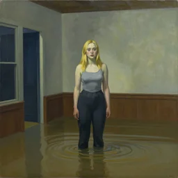 painting of Elle Fanning in a flooded house interior, by Edward Hopper