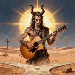 centered detailed portrait, satan plays the guitar at a desert crossroads, art by jean giraud and moebius, volumetric, realistic, expressive emotions, illustration