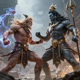 concept art of a fight between zeus and lord shiva, fantasy, energy, ultra realistic, style by feng zhu and artgerm, trending on artstation, cgsociety, 8 k, octane render, high contrast, 3 d render, cgi, cinematic lighting
