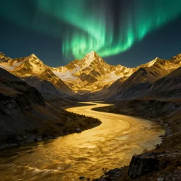 golden mountains. golden river. golden alpine lake. night time. darkness. octane render. volumetric lighting. magical atmosphere. cinematic. realistic. vast landscape. aurora borealis. northern lights. large scale