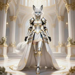 commissioned full body portrait of a female anthro furry wolf princess fursona with white hair wearing a white and gold armored dress in a white and gold palace, by Wlop and jerry park, artstation, extremely detailed