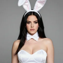 detailed photo of lana del rey wearing a playboy bunny outfit, bunny ears, 8 k, by greg rutkowski, artgerm, in the style of playboy magazine