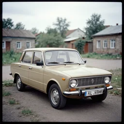 a lomographic photo of old lada 2 1 0 7 concept car standing in typical soviet yard in small town, hrushevka on background, cinestill, bokeh