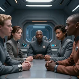 movie closeup diverse interracial small team of American sci-fi futuristic space explorers talking at the table in a spaceship kitchen, beautiful skin, Symmetrical faces. Beautiful lighting by Emmanuel Lubezki