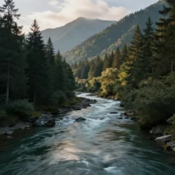 Forest landcape photo, mountains, river, cinematic lighting, 4k, Earth, wind, reflections