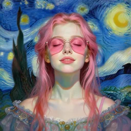portrait of a beautiful girl, eyes closed, ecstatic, shades of pink, beautiful face, rule of thirds, intricate outfit, spotlight, by greg rutkowski, by jeremy mann, by francoise nielly, by van gogh, digital painting