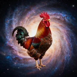 a lone giant majestic rooster, centered, floating in space, center of the universe, \ galaxy cosmic nebula, epic, volumetric light, hyperrealistic, glitter, mega detailed, beautiful composition, beautiful lighting, unreal render, 4 k, vincent di fate, john berkey, michael whelan