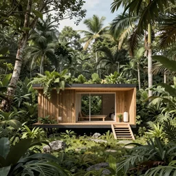 a beautiful 3d renderings of a little house in the jungle, architecture by SOM Architect. Architectural photography, 14mm, cinematic photography, high resolution 4k, cg architects, vray