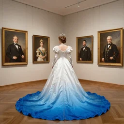 A photograph featured inside of a museum, in a wide full shot, Russian and Japanese mix 1900s historical fantasy portrait of the empress’s white floor-length bridal gown that fades into a bright blue at the bottom.