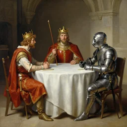 matte painting of king arthur and lancelot sitting at the round table, edward robert hughes, tony sart
