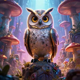 owl king, mushroom metropolis, high octane render, character, epic, movie poster in cyberpunk style