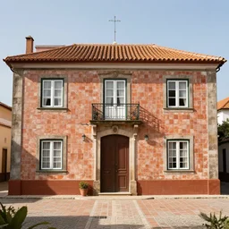 typical portuguese house with terra cota tiles, a front court highly detailed, hyperrealistic, focused, extreme details, masterpiece, 8 k, ultrahd, hd resolution