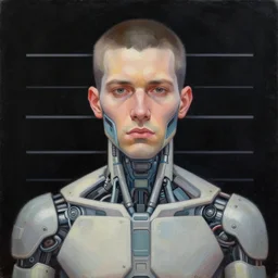 illustration of an male cyberpunk character wearing bionic implants, criminal mugshot, solid black background, mugshot, mugshot, gritty, gritty, highly detailed, oil on canvas, soft lighting, muted, pastel colors, by WLOP and Greg Staples, HD, 4K