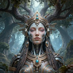 highly lifelike beautiful divine tribal queen with regalia adornments in a tree wide rayshade hdr whole infinite seep's into infinity, face axonometricy mechanical fantasy intricate elegant, in void of latent space, volumetric lighting 3 d modelling