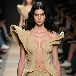 natasha wearing an outfit made from sandpaper, at new york fashion week, lush black hair, average physique, freckled pale skin, eastern european, photo by greg rutkowski and charlie bowater, stage lighting, female beauty, intricate detail, risque fashion, elegance, 3 5 mm, depth of field, masterpiece