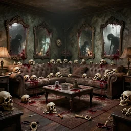 a cursed living room with mirrors full of bloody sculls and bones, realistic, extremely detailed, sharp focus, wide view, smooth, digital illustration, octane render, unreal engine 6, ray tracing, by james jean, by rossdraws, by frank franzzeta, by mcbess, by sakimichan, by brosmin, by danton fadeev, by steve simpson