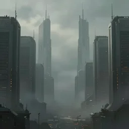 a matte painting of a misty city, marvel cinematic universe concept art, good value control, concept art, digital painting, sharp focus, symmetrical, 4k, illustration, rule of thirds, sci-fi, elden ring, centered, moody colors, moody lighting, atmospheric