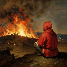 a 17th century painting of a man in a red hoodie watching a huge wildfire from a hill