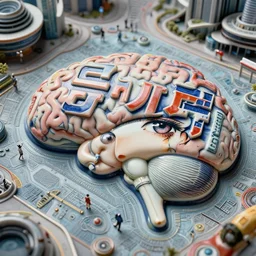 anamorphic, fuji gfx, aerial view wide shot ; beautiful typographic film still of cyberpunk synthetic brain map scene in style of 1 9 9 0 s frontiers in miniature porcelain retrofuturism deep emboss macro design fashion magazine kanji banner seinen manga extreme closeup portrait edition, real - life sign porcelain kanji banner, highly detailed, eye to eye contact, pointe poses, tilt shift zaha hadid scene background, 8 k