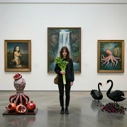 a flooded art gallery with paintings and sculpture, a tall emo girl holding celery, aboriginal art sculpture, pomegranates, octopus, waterfall, zen, black swans, berries, surrealist, by magritte and monet