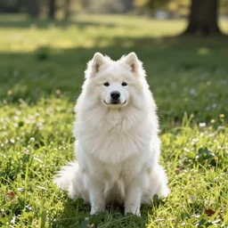 a samoyed dog sitting in the middle of sunny meadow, colored, by Ross Andru