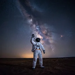 a beautiful landscape of a starry sky with an astronaut waving to the horizon., cinematic, dramatic, color grading, photojournalism, colorful, highly detailed