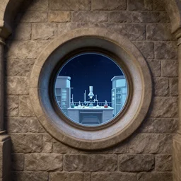 stone brick wall inside of a castle, round window looking out to the starry night sky laboratory, high details, intricately detailed, by vincent di fate, inking, 3 color screen print, masterpiece, trending on artstation,, sharp, details, hyper - detailed, hd, 4 k, 8 k