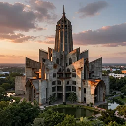 an extremely detailed cathedral of brutalist architecture, surrounded by lush green forest, ponds of water, stunning volumetric lighting, sunset, rusted metal, solid concrete, stunning skies, trending on Artstation, 8k, photorealistic, hyper detailed, unreal engine 5, IMAX quality, cinematic, epic lighting, in the style of Greg Rutkowski