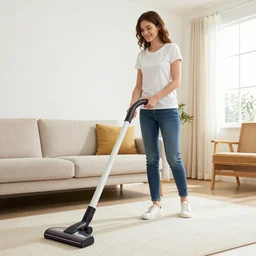 strong buff woman vacuuming her living room, award winning photograph, HD, 4k