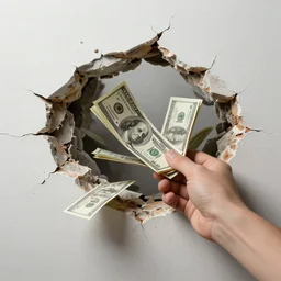 a hand breaks a wall, and money comes out of the wall, ultra realistic, ultra detailed, concept art, trending on artstation