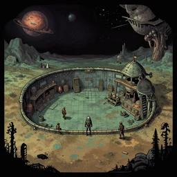 inside of a [ [ [ bar ] ] ] in a remote outpost, on an alien planet, from a space themed point and click 2 d graphic adventure game, set design inspired slightly by hg giger and tomb raier, art inspired by mark keathley