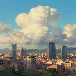 barcelona city, detailed clouds, sunbeams, heavenly color scheme, studio ghibli scheme