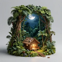 a very tiny!! hut with the light on, in the center of rainforest, waning moon night, highly detailed, digital painting, trending on artstation, concept art, smooth, sharp focus, illustration, art by greg rutkowski
