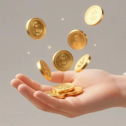 Closeup shot of ethereal golden coins floating above an open hand, digital illustration
