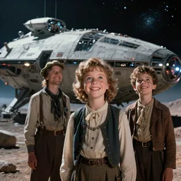 extremely sharply detailed, 7 0 mm film from blockbuster 9 6 k sci fi color movie freeze frame, set 1 8 5 0, family standing in front of crashed spaceship, on alien planet, looking happy, wearing 1 8 4 0 s era clothes, atmospheric lighting, in focus, reflective eyes, 1 mm macro lens, live action, nice composition and photography, clear faces
