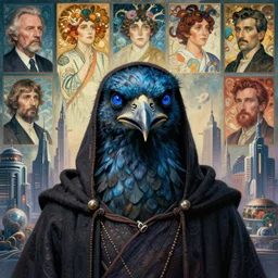 realistic detailed portrait movie still of a birdman wearing dark robes, sci fi city landscape background by denis villeneuve, amano, yves tanguy, alphonse mucha, ernst haeckel, max ernst, roger dean, masterpiece, rich moody colours, blue eyes, snarling dog teeth