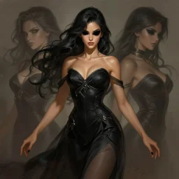 a highly detailed illustration of beautiful tan goddess wearing black dress with black void eyes, dramatic elegant pose, art by artgerm and greg rutowski and ilya kuvshinov, intricate, elegant, highly detailed, centered, digital painting, artstation, concept art, smooth, sharp focus, league of legends concept art, wlop.