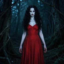in the style of joshua middleton, full body, pretty alyson hannigan, evil dead demon, evil dead movie, red dress, symmetrical eyes, symmetrical face, long curly black hair, trees, forest, branches, cinematic lighting, evil dead creature, scary