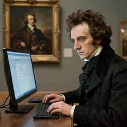highly detailed portrait of franz schubert looking at the modern computer, franz schubert meets the future, franz schubert checks the computer, computer is seen clearly, louvre painting, wien gallery painting