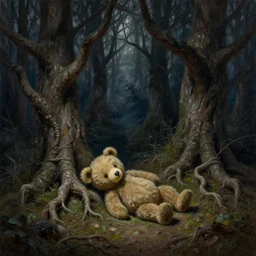 fantasy oil painting, small teddy bear laying on ground, surrounded by dead trees at night time, deep forest, ominous, roots, extremely detailed, intricate, cottagecore, readability, concept art, sharp focus, art by brothers hildebrandt