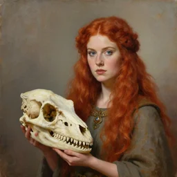 portrait painting of beautiful red head ancient irish celtic priestess holding a velociraptor skull, by jeremy mann, only one head single portrait