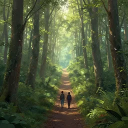 birdview of grand old forest, 2 persons going through a narrow path, early morning, birds are singing, digital art, artstation