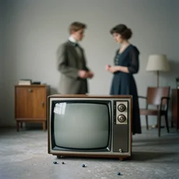 kodak portra 4 0 0, wetplate, 1 9 2 0 s room, 1 9 2 0 s furniture, a giant vintage television on the floor, muted colours, blueberry, 1 9 2 0 s style, motion blur, portrait photo of a backdrop, concrete, wood, fog, by georges melies and by britt marling