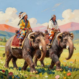 painting of native americans riding mammoths, artstation, vibrant, colorful, ultra detailed