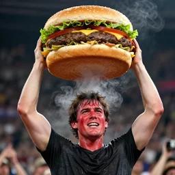 photograph of Markiplier lifting a gigantic hamburger over his head, sweating, red face, steam