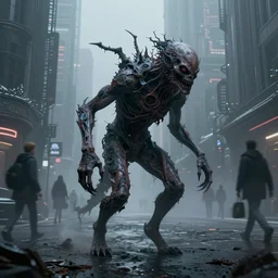a matte painting of a supernatural hideous creature, stalking pedestrians, in the fog cyber - frostpunk city, highly detailed, in the style of greg rutkowski and remedios varo and john chamberlain, dark moody lighting, hyper photorealism, trending on artstation, 8 k