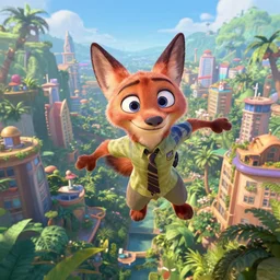 nick wilde from zootopia, flying above a jungle city, cinematic, disney, 3 d, 4 k, high fov, focal center