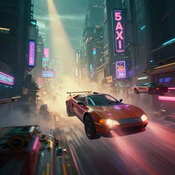 a 3 d rendered in unreal engine guatemalan cyberpunk city with flying cars with neon ads and signs with evocative dramatic mood with blade runner vibe with cars and floating vehicles with motion blur with depth of field with bloom with lightshaft with volumetric lights, fog, by jeremy mann, oscar winning graphics, photo realistic, bloom, imax, dynamic lighting, artstation,