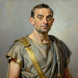 mr bean depicted as julius caesar, oil painting by slavador dali