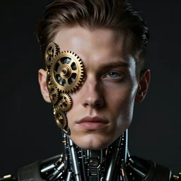man, cyborg with clock gears in half of face, futuristic, dark, hyper realistic, portrait